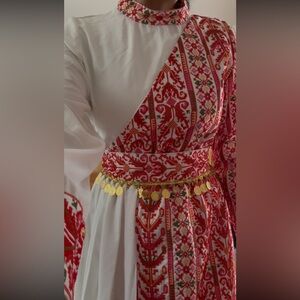 Red & White Palestinian Tatreez Embroidered Thobe Dress w/ Gold coin belt